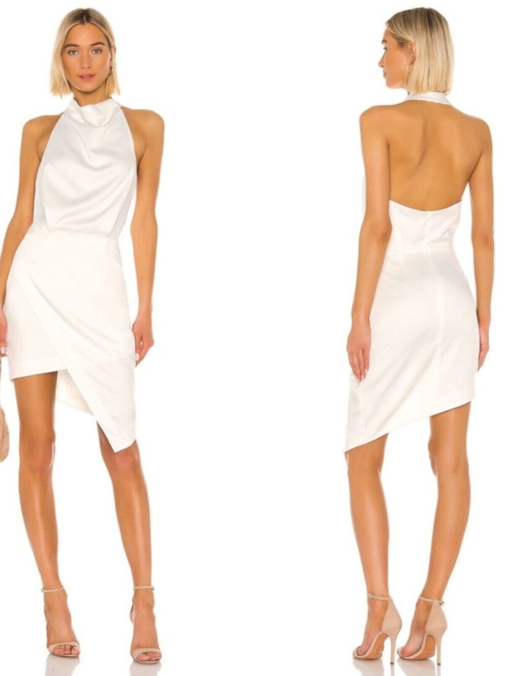 Elliat Camo Mini Fitted Dress White Cowl Neck Low Cut Back Party Size L